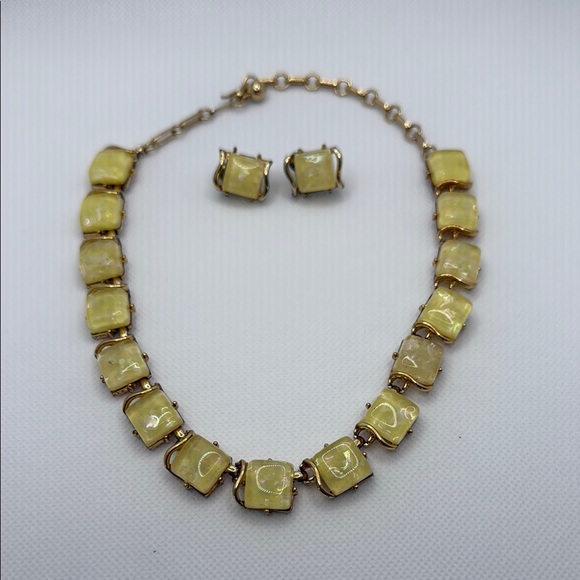 Coro Jewelry - Vintage Coro Midcentury Lucite & Aurora Borealis Yellow Necklace & Earrings Set